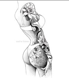 a drawing of a woman's torso with flowers on her arm and the back