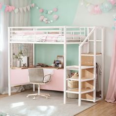 a white bunk bed sitting next to a desk and chair