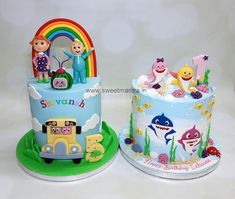 there are two cakes decorated to look like children's toys