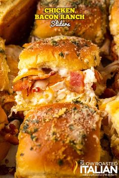 the chicken bacon ranch sliders are loaded with cheese and other toppings on them