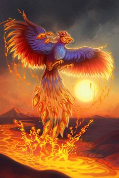 a painting of a bird with its wings spread in front of the sun and mountains