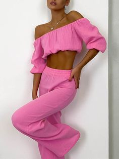 Cotton Blends Pants Set Off Shoulder Top Outfit, Pink Sets, Off Shoulder Long Sleeve Top, Lounge Outfit, Off Shoulder Crop Top, Top And Pants Set, Mini Robes, Plain Style, Top Outfit