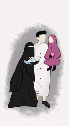 an illustration of a man and woman dressed in muslim garb, holding a baby