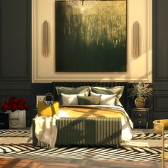 a bedroom with a zebra rug and large painting on the wall