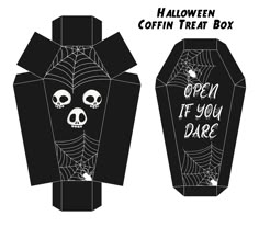 an open box with a skeleton face and spider web on it, which says halloween coffin treat box