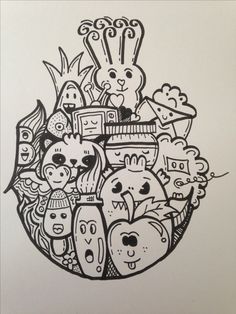 an ink drawing of many different things in the shape of a heart with faces on it