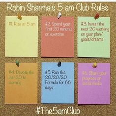 the 5am club rules are posted on several pieces of colored paper with pins pinned to them