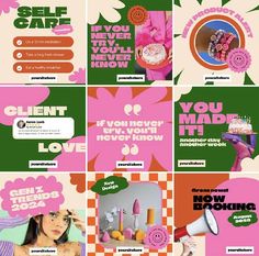 a collage of pink and green ads with flowers on the sides, words that say you have never seen them before