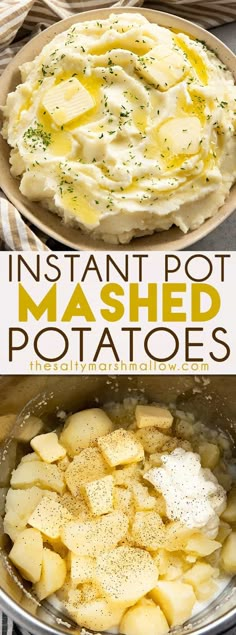 mashed potatoes in a skillet with butter and seasoning on top, next to an instant pot mashed potatoes recipe