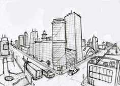 a drawing of a city with tall buildings