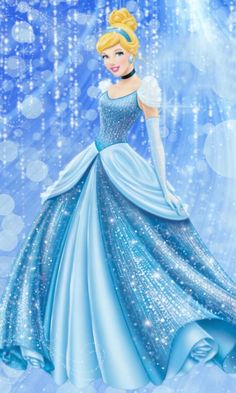 the princess in her blue dress is standing on snowflakes and looking back at the camera