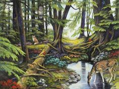 a painting of two deer drinking water from a stream in the middle of a forest