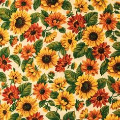 sunflowers on white background with green leaves and red flowers in the center,