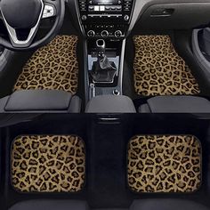 the interior of a car with leopard print floor mats and steering wheel covers on it