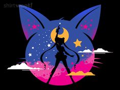 the silhouette of a woman dancing in front of a cat's head with stars and clouds