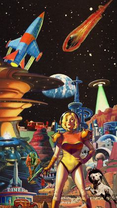 a painting of a woman standing in front of a space station with spaceships and other objects