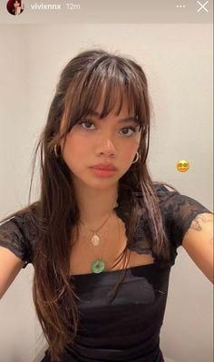 Short Hair With Bangs Inspiration, Dark Brown Hair With Wispy Curtain Bangs, Aesthetic Hair With Bangs, Front Bangs With Ponytail, Thick Front Bangs, Long Thick Hair With Bangs, Cute Hairstyles With Bangs Aesthetic, Messy Bangs Long Hair, Square Head Hairstyles