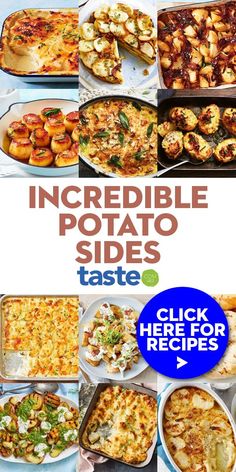 an advertisement for the incredible potato sides taste cookbook, with images of different types of food