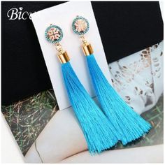 Fashion Bohemian Tassel Crystal Long Earrings Blue Silk Fabric Drop Dangle Tassel .Earrings For 2019 Jewelry Seson! Blue Silk Fabric, Blue Tassel Earrings, Long Tassel Earrings, Blue Tassel, Tassel Drop Earrings, Long Drop Earrings, Statement Drop Earrings, Fashion Bohemian, Bohemian Earrings