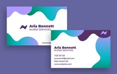 two business cards designed to look like wavy waves with the words aria bennet nurse services