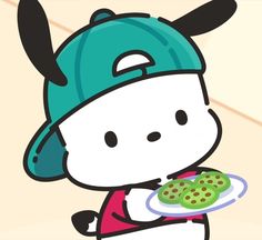 a cartoon character is holding a plate with cookies on it and wearing a green hat