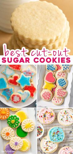 the best cut out sugar cookies are on display in this collage, and they have been