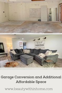 before and after photos of a living room with white walls, gray couches, and an open floor plan