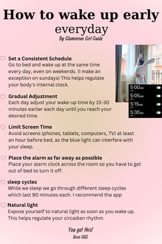 I used to sleep until 12pm on the weekends. Now I easily wake up at 7am!☀️🍵 I spell all the tea on how I did it in this checklist!🤭🤞 So save it and follow for more checklists like this! Xoxo💋 | how to wake up early how to wake up early in the morning how to wake up early in the morning tips how to wake up early without an alarm how to wake up early not tired how to wake up early to study how to wake up early checklist how to wake up early for school waking up early aesthetic waking up early aesthetic 5am alarm waking up early motivation morning routine, morning aesthetic morning routine productive school morning routine checklist, morning routine ideas, early morning routine self motivation get my life together how to become that girl self developement that girl routine How To Look Good When You Wake Up, How To Start Waking Up Early, How To Wake Up Easier, Waking Up Early Tips, What To Do When You Wake Up, Getting Up Early Motivation, Waking Early Aesthetic, How To Wake Up Early In The Morning Tips, How To Get Up Early