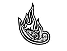 a black and white drawing of an eye in flames