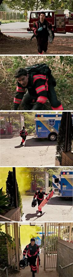 four different shots of the same person doing tricks on their skateboard in front of a blue truck