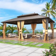 a gazebo sitting on top of a wooden deck next to a lush green field