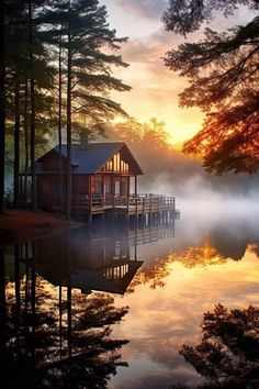 a house on the water surrounded by trees and fog in the morning sun setting behind it