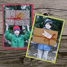 two small cards with pictures on them, one has a brown envelope and the other is a red box