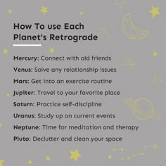 the text how to use each planet's retrograde on a gray background