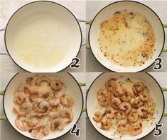 four pictures showing how to cook shrimp in a skillet