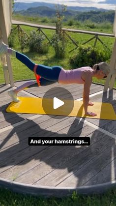 a woman doing a plank exercise on a wooden deck with the words and you're hamstrings