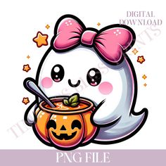 a cartoon cat with a bow holding a bowl of pumpkin soup in front of her face