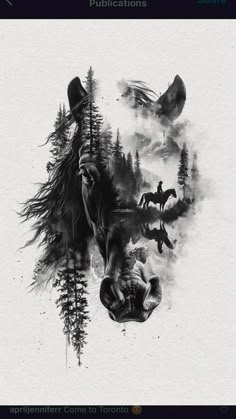 a black and white drawing of a horse in the woods with trees on it's back