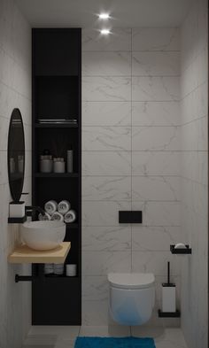 a modern bathroom with black and white decor