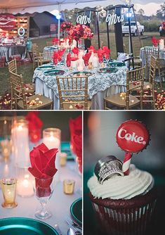 a collage of photos with cupcakes, candles and cake on the table