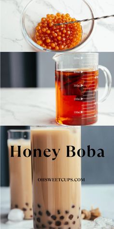 honey boba in a glass mug with syrup and beans next to it