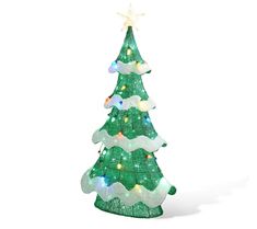 a green christmas tree with white lights and snowflakes on the top, in front of a white background