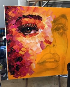 a painting is being worked on in an art studio with yellow and red colors,