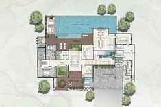 an aerial view of the floor plan of a house with swimming pool and outdoor furniture