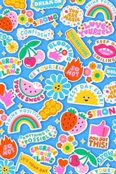 image featuring colourful, randomly placed stickers, some overlapping on a blue background Iphone Wallpaper Summer, Frida Art, Wallpaper Summer, Wallpaper Iphone Summer, Iphone Wallpaper Images, Sticker Designs, Self Empowerment, Kids Stickers