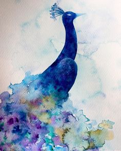 a watercolor painting of a blue bird sitting on top of a purple and green flower