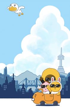 an image of a cartoon character driving a car in front of a bird flying over the city