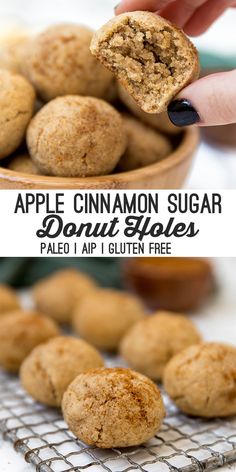 an apple cinnamon sugar donut holes are on a cooling rack with the title above it