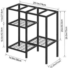 three tiered metal shelf with measurements for the top, bottom and bottom shelves on each side