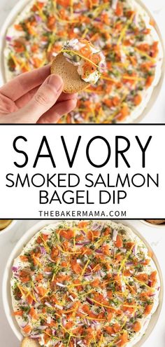 the savory smoked salmon bagel dip is ready to be eaten